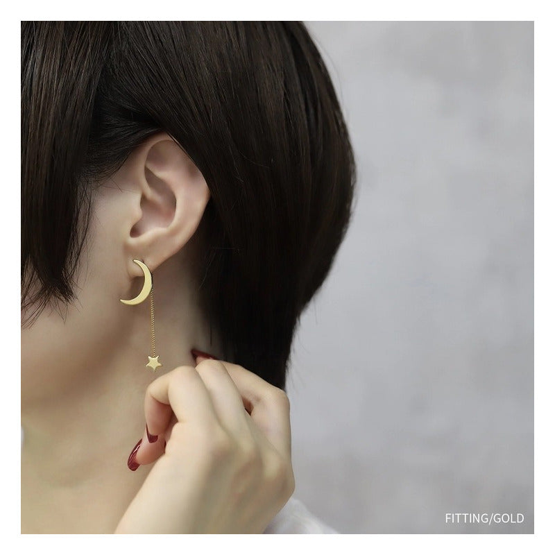 PENDIENTES ARETES STAR MOON CADENA LARGA DORADO OSCURO