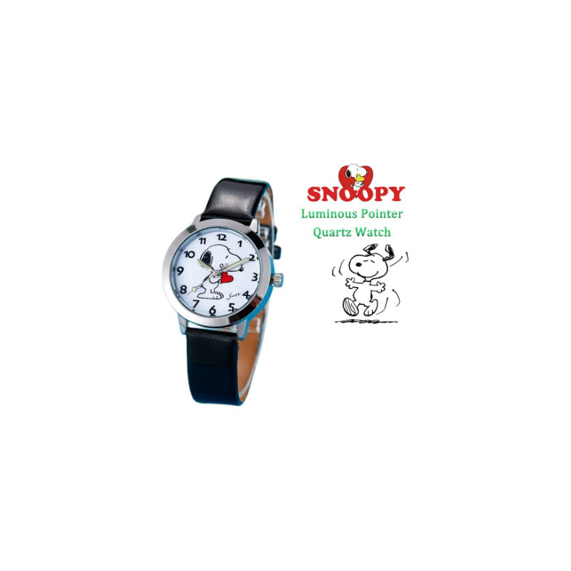 RELOJ SNOOPY LUJO CORREA CUERO MANECILLAS LUMINOSAS MUJER NEGRO CROMADO BLANCO