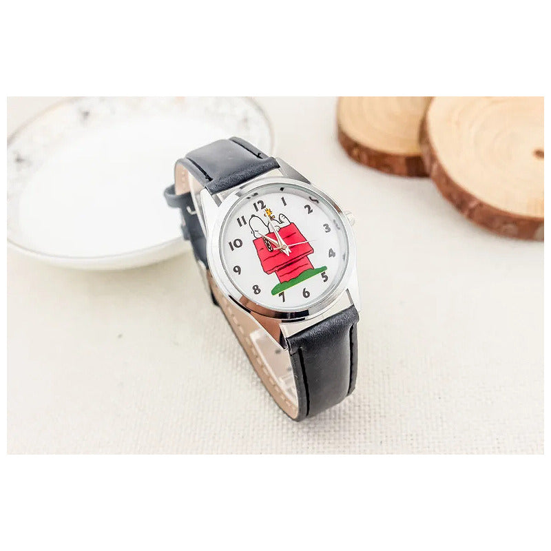 RELOJ SNOOPY CASA LUJO CORREA CUERO MUJER NEGRO CROMADO BLANCO