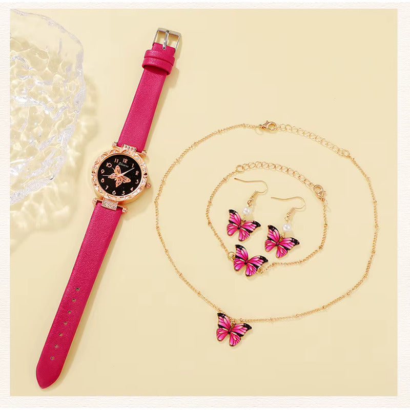 SET 4 PIEZAS RELOJ MUJER LUJO PULSERA ARETES COLLAR MARIPOSA ROSA CHICLE DORADO OSCURO NEGRO