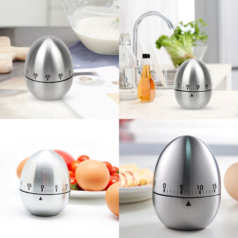TEMPORIZADOR COCINA DISEÑO HUEVO ACERO INOXIDABLE MECÁNICO PLATEADO TIPO HUEVO
