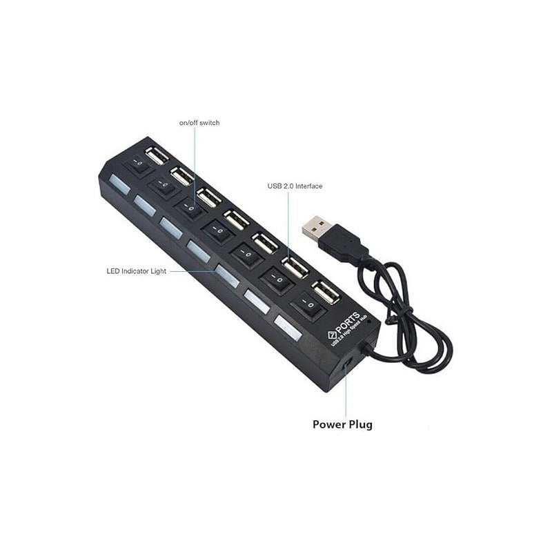 HUB USB 2.0 7 PUERTOS LED INTERRUPTOR INDIVIDUAL NEGRO