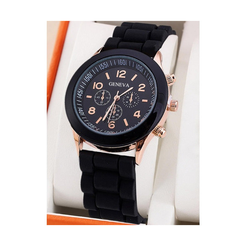 SET RELOJ MUJER LUJO 5 PULSERAS ANÁLOGO CORAL BRILLANTE NEGRO NEGRO NEGRO