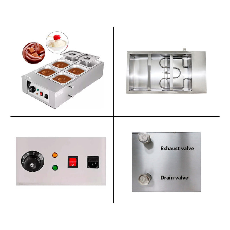 FONDUE MÁQUINA DERRETIR CHOCOLATE 6 PUESTOS COMERCIAL ACERO PLATEADO
