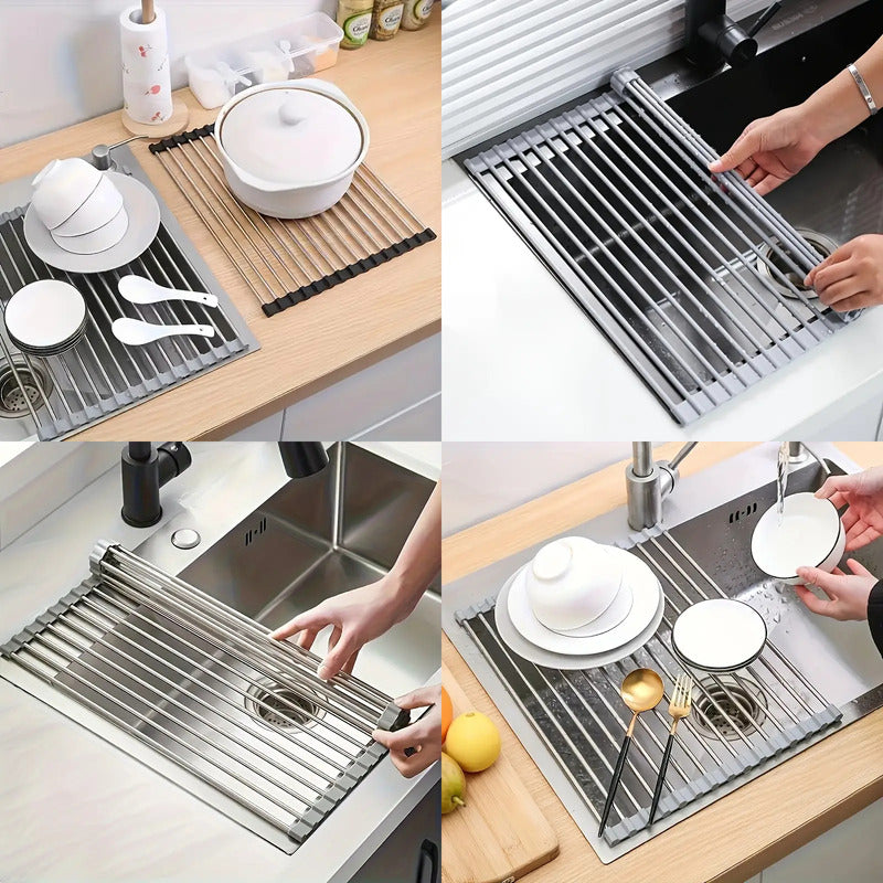 ESCURRIDOR PLATOS PLEGABLE ACERO INOXIDABLE UTENSILIOS COCIN PLATEADO