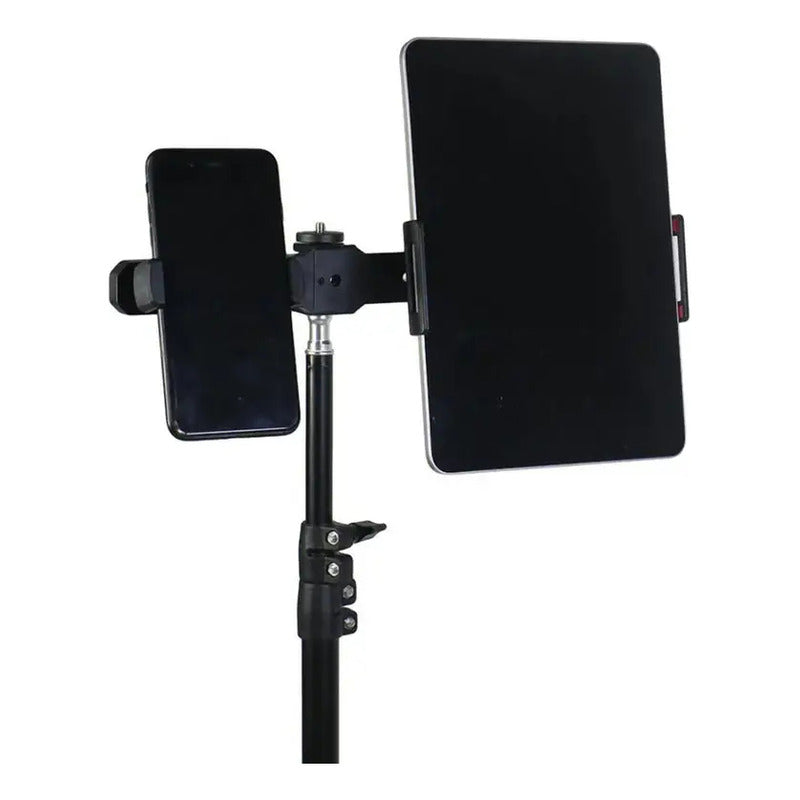 BASE SOPORTE UNIVERSAL DOBLE TABLET CELULAR ROSCA 1/4 TRIPOD NEGRO