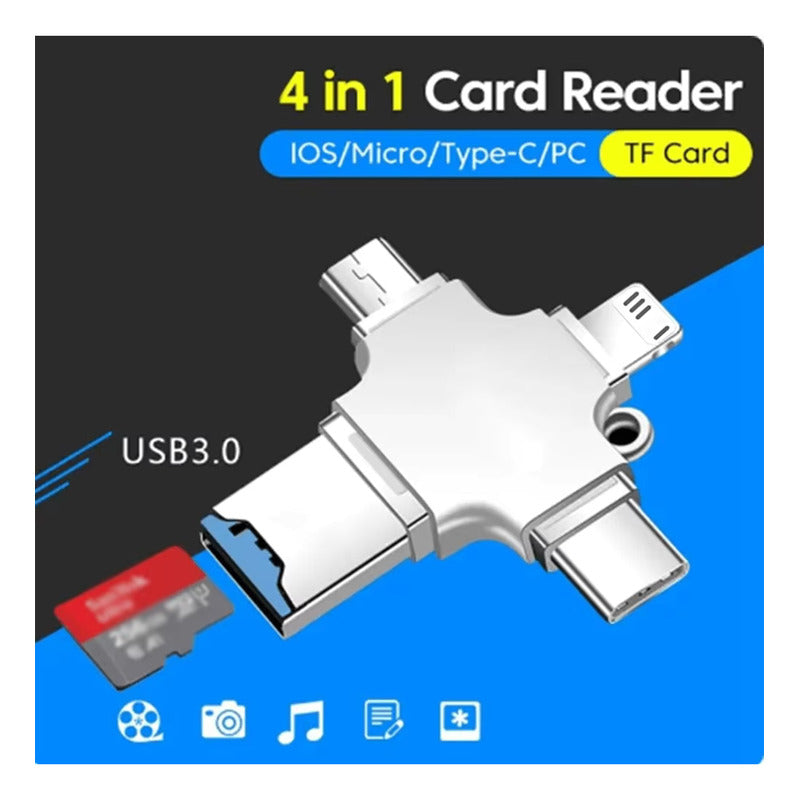 LECTOR TARJETAS MICRO SD 4 EN 1 USB OTG TIPO C LIGHTNING PLATEADO | 4-IN-1 MICRO SD CARD READER USB OTG TYPE C LIGHTNING SILVER