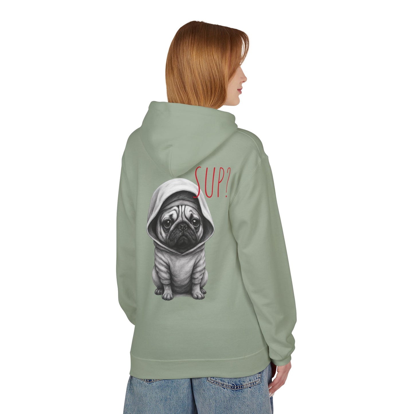 PUG HOODIE – 'SUP?' CUTE PUG IN HOODIE GRAPHIC PULLOVER