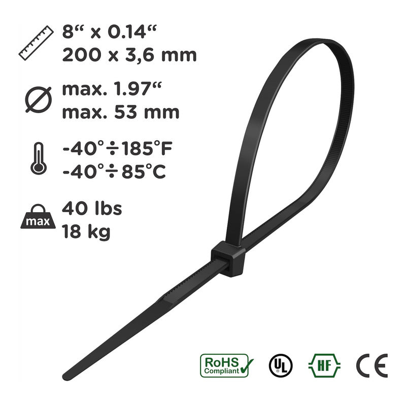 10X AMARRES NYLON ABRAZADERA PLÁSTICA SUJETACABLES 20CMS NEGRO | 10X NYLON TIES PLASTIC CABLE TIES 20CMS BLACK
