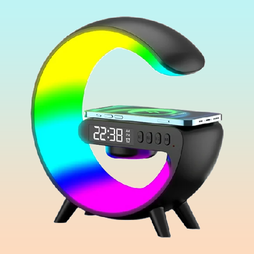 CARGADOR CELULAR INALAMBRICO RGB RELOJ SPEAKER BLUETOOH NEGRO