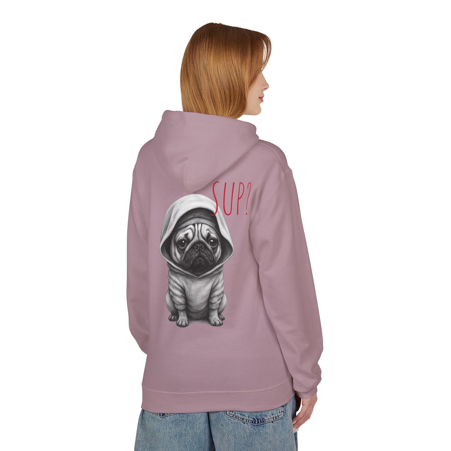 PUG HOODIE – 'SUP?' CUTE PUG IN HOODIE GRAPHIC PULLOVER