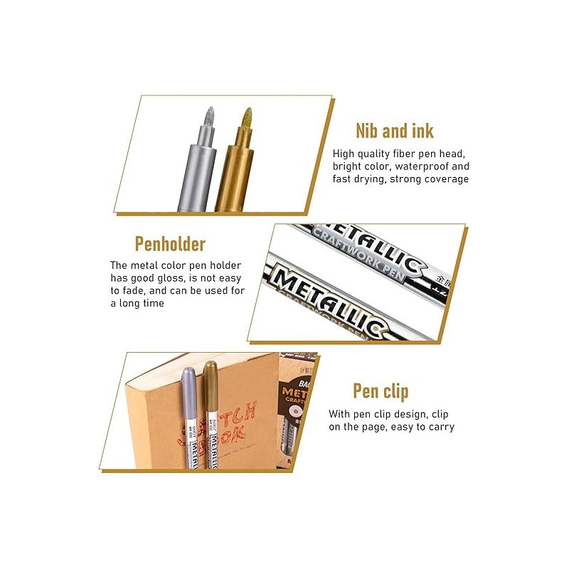 2X MARCADOR METALIZADO DORADO & PLATEADO ROTULADOR LAPICERO | 2X METALLIC MARKER GOLD & SILVER PEN
