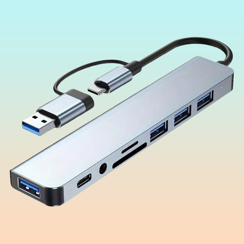 LECTOR TARJETAS HUB 8 EN 1 OTG-C USB 3.0 AUDIO JACK 3.5 5V PLATEADO