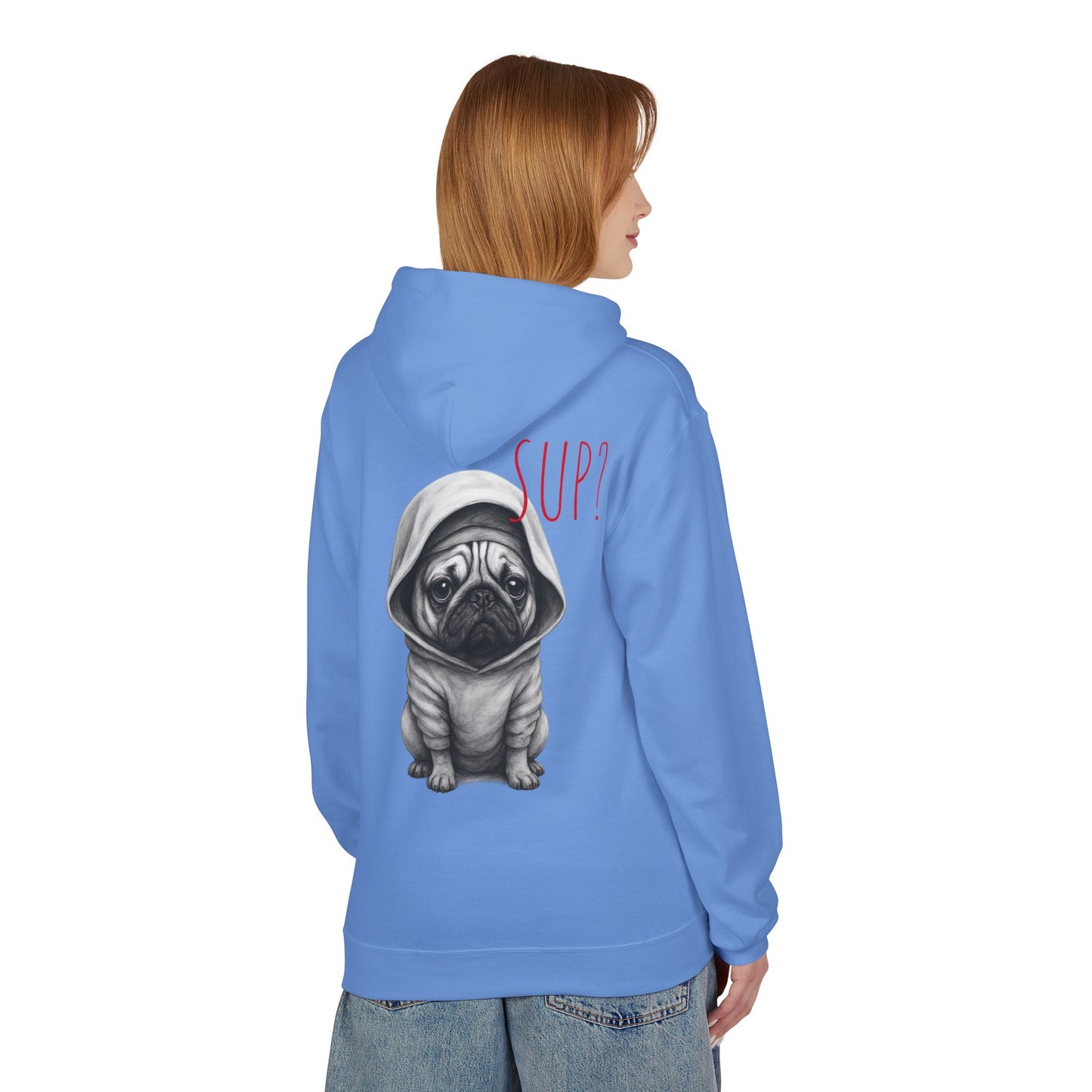 PUG HOODIE – 'SUP?' CUTE PUG IN HOODIE GRAPHIC PULLOVER