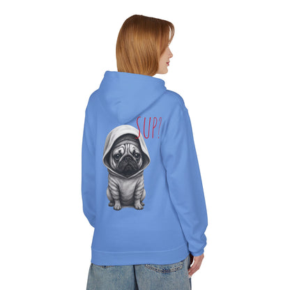 PUG HOODIE – 'SUP?' CUTE PUG IN HOODIE GRAPHIC PULLOVER