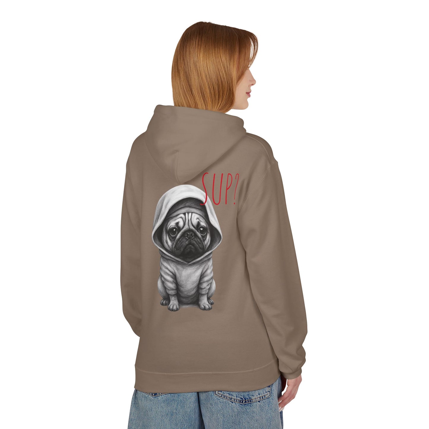 PUG HOODIE – 'SUP?' CUTE PUG IN HOODIE GRAPHIC PULLOVER