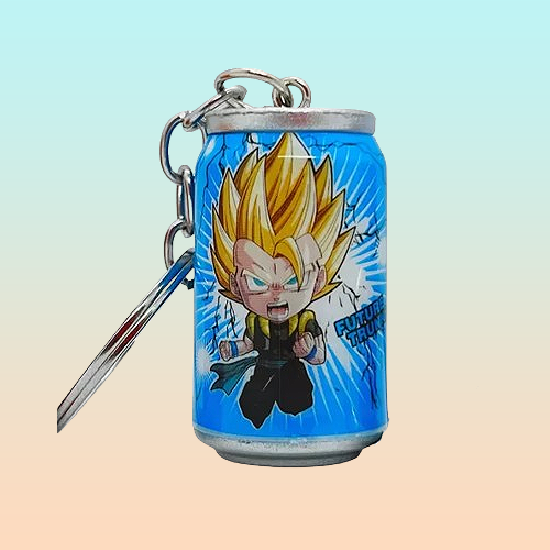 LLAVERO DRAGON BALL Z GOTENKS S SAYAYIN TIPO LATA GASEOSA AZUL ACERO