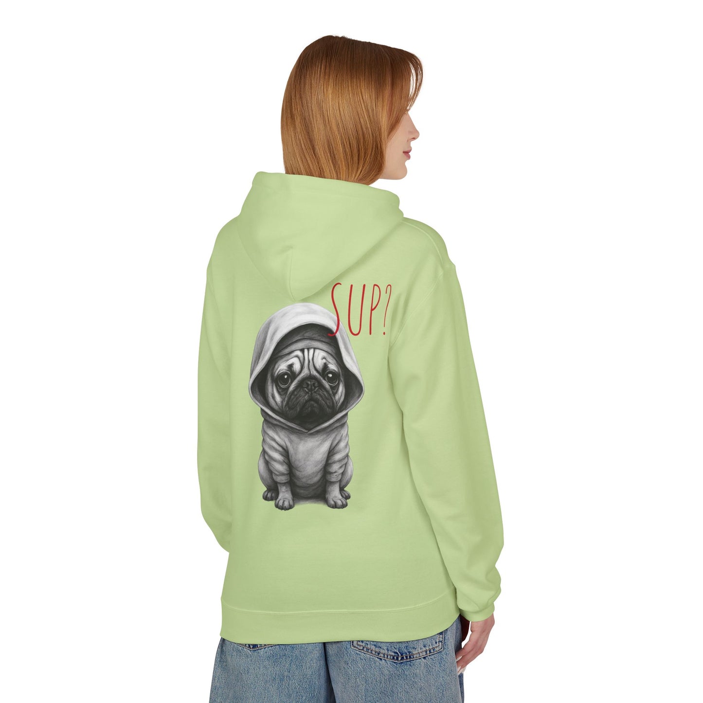 PUG HOODIE – 'SUP?' CUTE PUG IN HOODIE GRAPHIC PULLOVER