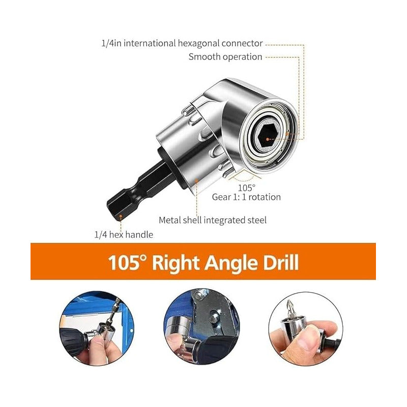 ADAPTADOR BROCA ÁNGULO 105° ACERO TALADRO DESTORNILLADOR | 105° ANGLE DRILL BIT ADAPTER STEEL DRILL SCREWDRIVER
