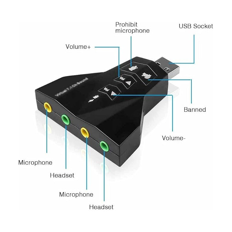 ADAPTOR USB AUDIO DUAL 7.1 VIRTUAL 3D MICRÓFONO AUDÍFONOS | USB AUDIO ADAPTER DUAL 7.1 VIRTUAL 3D MICROPHONE HEADPHONES
