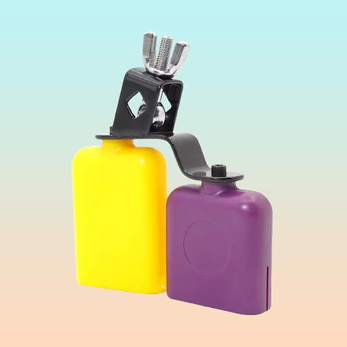 CAMPANA DOBLE PERCUSIÓN TIMBAL BATERÍA CLAVE SALSA LATIN MORADO Y AMARILLO | DOUBLE PERCUSSION COWBELL TIMBALES DRUM SALSA LATIN KEY PURPLE AND YELLOW

