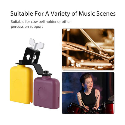 CAMPANA DOBLE PERCUSIÓN TIMBAL BATERÍA CLAVE SALSA LATIN MORADO Y AMARILLO