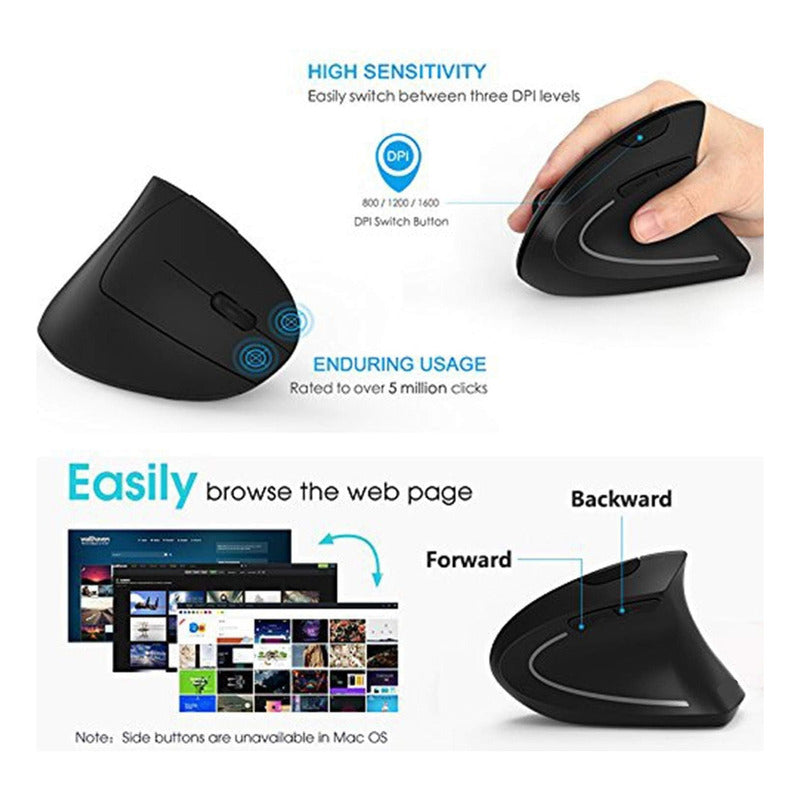 MOUSE GAMER VERTICAL ERGONÓMICO ÓPTICO INALÁMBRICO DPI USB NEGRO