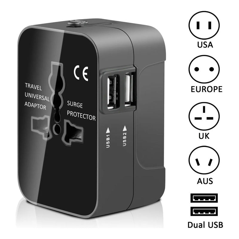 ADAPTADOR CORRIENTE AC VIAJE UNIVERSAL EU US AU UK 2X USB