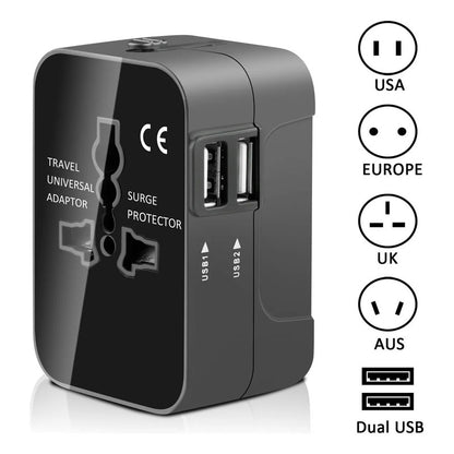 ADAPTADOR CORRIENTE AC VIAJE UNIVERSAL EU US AU UK 2X USB