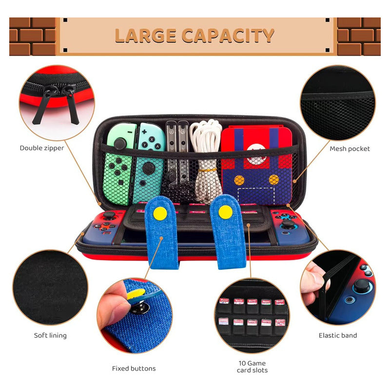 ESTUCHE RIGIDO NINTENDO DISEÑO MARIO SWITCH 24X13X4 CMS ROJO Y AZUL