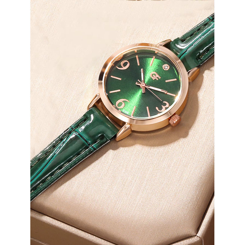 SET 6 PIEZAS RELOJ VERDE ESMERALDA ANILLO PULSERA ARETES VERDE MUSGO DORADO OSCURO VERDE MUSGO