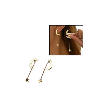 PENDIENTES ARETES STAR MOON CADENA LARGA DORADO OSCURO