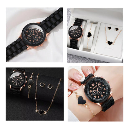 SET RELOJ MUJER LUJO 5 PULSERAS ANÁLOGO CORAL BRILLANTE NEGRO NEGRO NEGRO