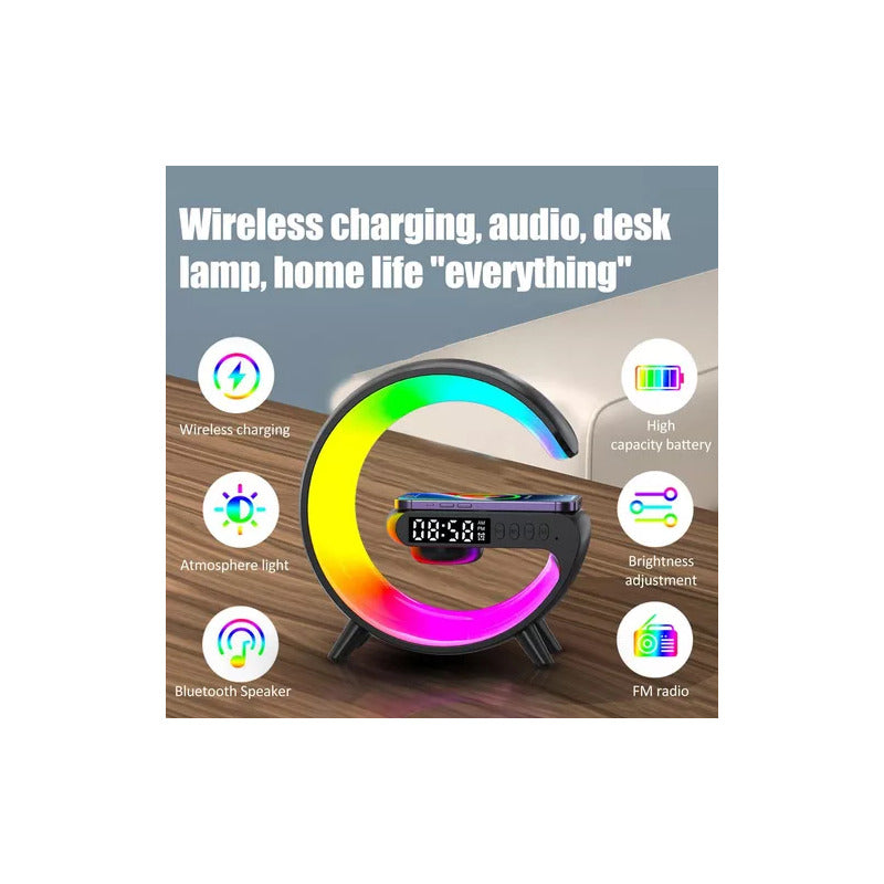 CARGADOR CELULAR INALAMBRICO RGB RELOJ SPEAKER BLUETOOH NEGRO