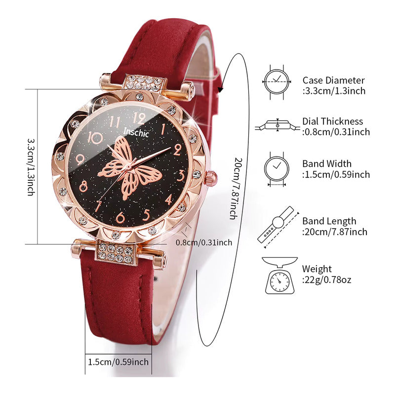 SET 2 PIEZAS RELOJ MUJER LUJO PULSERA MARIPOSA ROSA BLANCO ROSA CHICLE DORADO OSCURO NEGRO