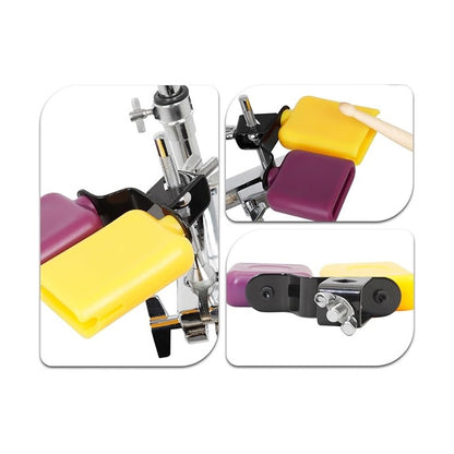 CAMPANA DOBLE PERCUSIÓN TIMBAL BATERÍA CLAVE SALSA LATIN MORADO Y AMARILLO