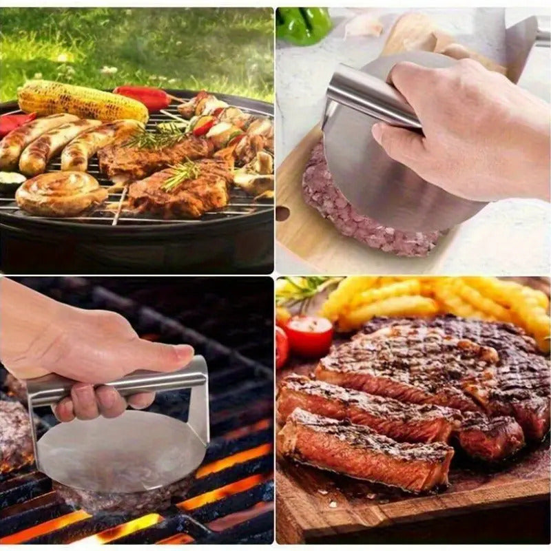 PRENSA CARNE HAMBURGUESA BISTEC ACERO INOXIDABLE ANTIADHEREN PLATEADO