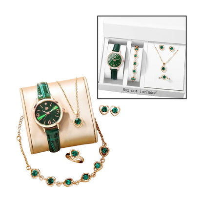 SET 6 PIEZAS RELOJ VERDE ESMERALDA ANILLO PULSERA ARETES VERDE MUSGO DORADO OSCURO VERDE MUSGO