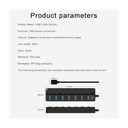 HUB USB 7 PUERTOS 3.0 LUZ LED INTERRUPTOR INDEPENDIENTE NEGRO