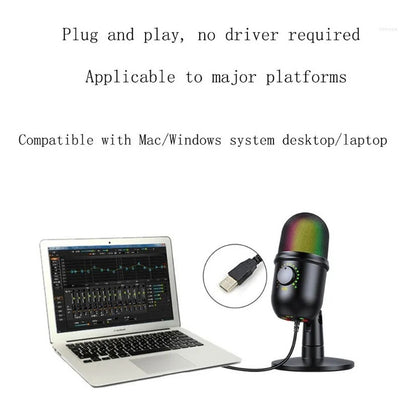 MICROFONO PODCAST USB LUZ LED RGB CARDIOIDE CONDENSADOR PRO NEGRO