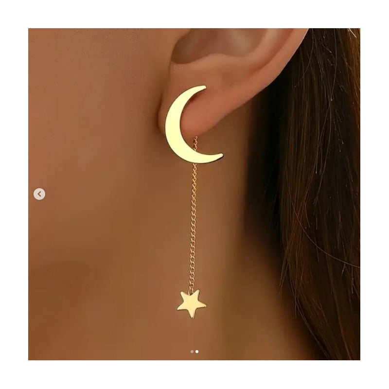 PENDIENTES ARETES STAR MOON CADENA LARGA DORADO OSCURO