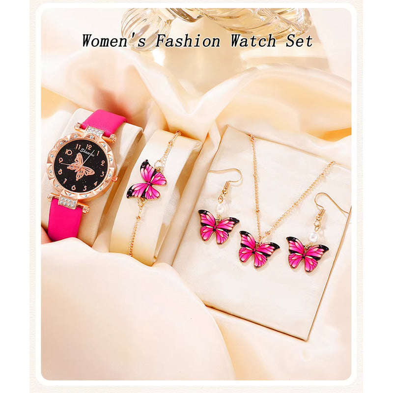 SET 4 PIEZAS RELOJ MUJER LUJO PULSERA ARETES COLLAR MARIPOSA ROSA CHICLE DORADO OSCURO NEGRO
