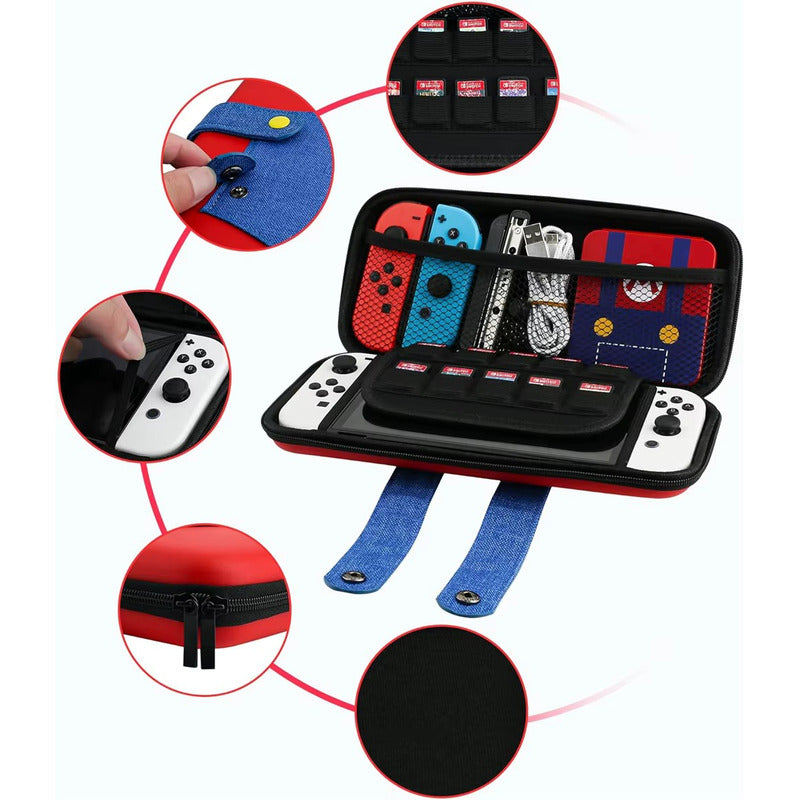ESTUCHE RIGIDO NINTENDO DISEÑO MARIO SWITCH 24X13X4 CMS ROJO Y AZUL