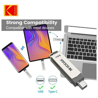 MEMORIA DUAL KODAK 64GB ALTA VELOCIDAD 3.2 OTG TIPO C METAL PLATEADO METALICA