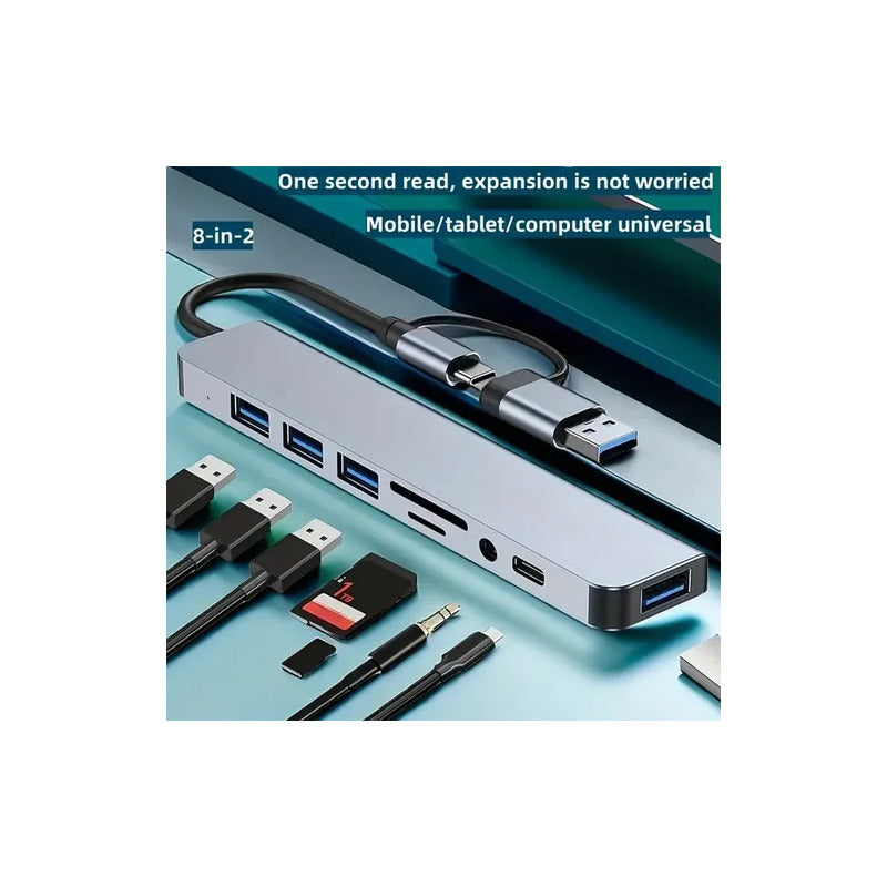 LECTOR TARJETAS HUB 8 EN 1 OTG-C USB 3.0 AUDIO JACK 3.5 5V PLATEADO