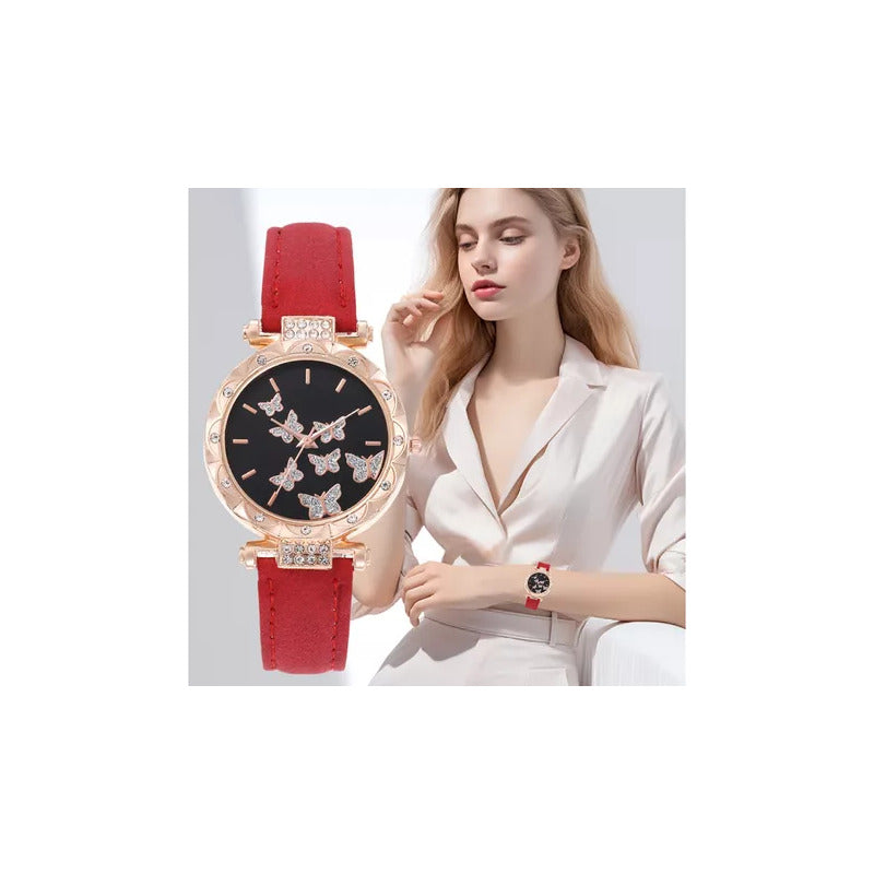 SET 5 PIEZAS RELOJ MUJER LUJO MARIPOSAS FASHION ELEGANTE ROSA CHICLE DORADO OSCURO NEGRO