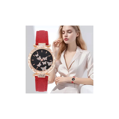 SET 5 PIEZAS RELOJ MUJER LUJO MARIPOSAS FASHION ELEGANTE ROSA CHICLE DORADO OSCURO NEGRO