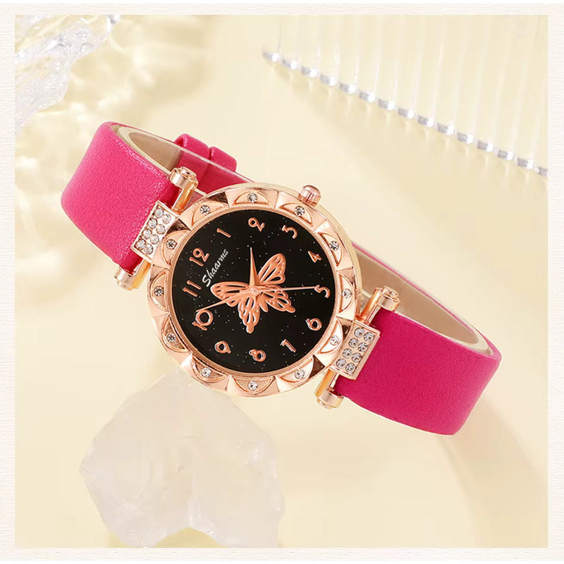 SET 4 PIEZAS RELOJ MUJER LUJO PULSERA ARETES COLLAR MARIPOSA ROSA CHICLE DORADO OSCURO NEGRO