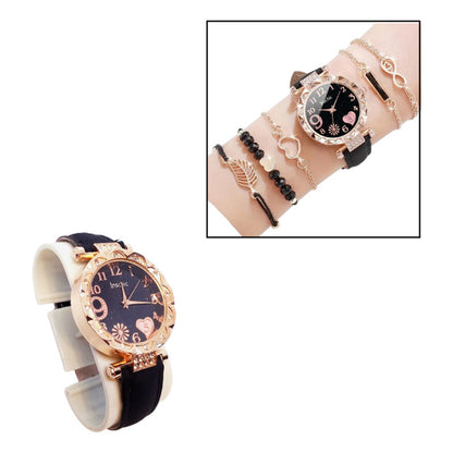 SET RELOJ MUJER LUJO 5 PULSERAS ANÁLOGO CORAL BRILLANTE NEGRO CORAL CLARO NEGRO