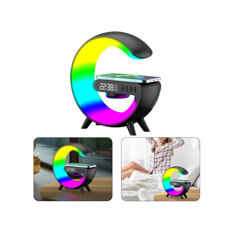 CARGADOR CELULAR INALAMBRICO RGB RELOJ SPEAKER BLUETOOH NEGRO